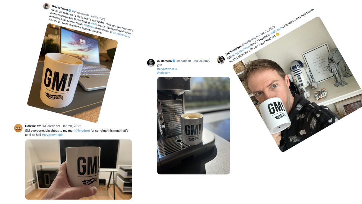 GM! 

This is a very cool memory for me from the #cryptowheels collection.

The GM! mug. It got sent out to the biggest collectors.
Rumors say that it´s the best mug to pair your coffee with.

<a href="/DracheTech11/">Drachetech11</a> <a href="/Galerie721/">Galerie 721</a> <a href="/adotjdott/">AJ {FDF arc}</a> <a href="/JoeTessitore/">Joe Tessitore</a>