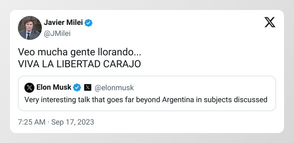 davideduardocy's tweet photo. 🇦🇷🇺🇲🚨AHORA🚨| Elon Musk (@elonmusk) recomendó la entrevista de Milei (@JMilei) con Tucker Carlson (@TuckerCarlson) y el candidato libertario lo celebró de cara a sus rivales. 

Zurdos Hijos de PUT4 TIEMBLEN!!! 
La libertad AVANZA!!!
VIVA LA LIBERTAD CARAJO !!! 🦁💪🏻 
#DECY https://t.co/pZF8NgqBSg