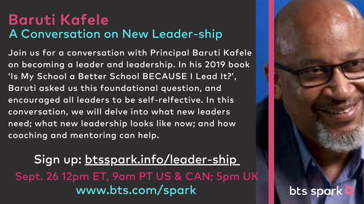 btssparkus's tweet photo. Reminder to sign up for our chat later this month with @PrincipalKafele on New Leader-ship Sept 26 #principalleadership #educationalleadership #btsspark #unga78 https://t.co/tuW0GBEOhd https://t.co/aE0qRjHpw8