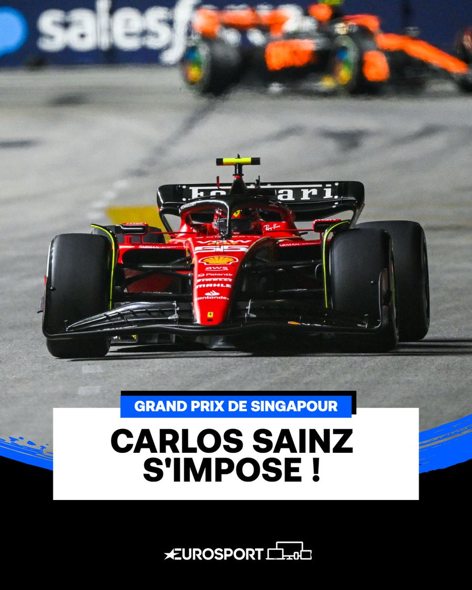 Eurosport_FR's tweet photo. Carlos Sainz remporte le Grand Prix de Singapour ! 

Norris et Hamilton complètent le podium, Verstappen 5e 

#F1 #SingaporeGP https://t.co/mGS2Yo2Dkh