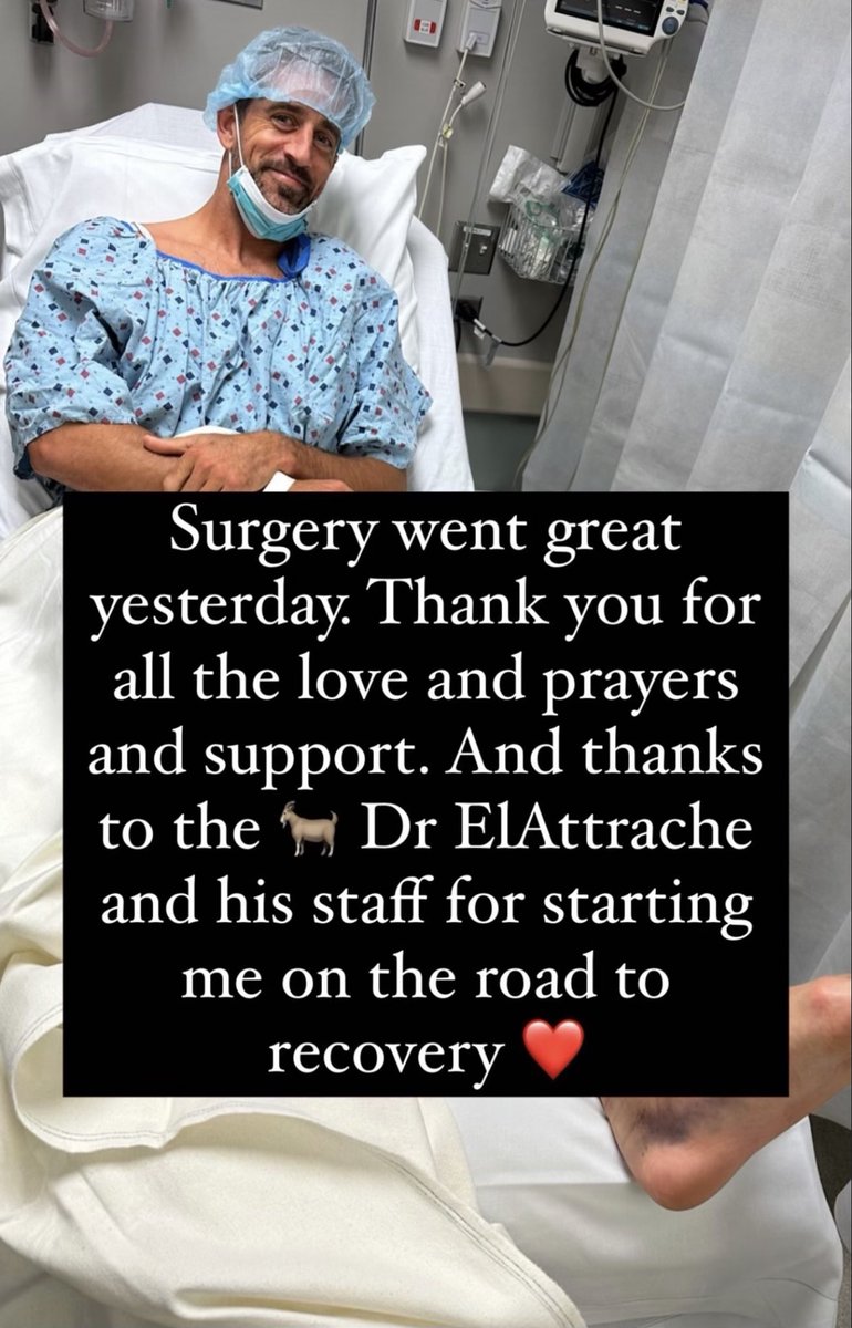 Sending well wishes to <a href="/AaronRodgers12/">Aaron Rodgers</a> as he recovers from surgery to repair a torn Achilles following his debut with the <a href="/nyjets/">New York Jets</a>. Arthrex faculty surgeon <a href="/NealElAttrache/">Neal S ElAttrache</a>, MD, performed surgery on the four-time <a href="/NFL/">NFL</a> MVP. "I texted him from the locker room," said Rodgers.