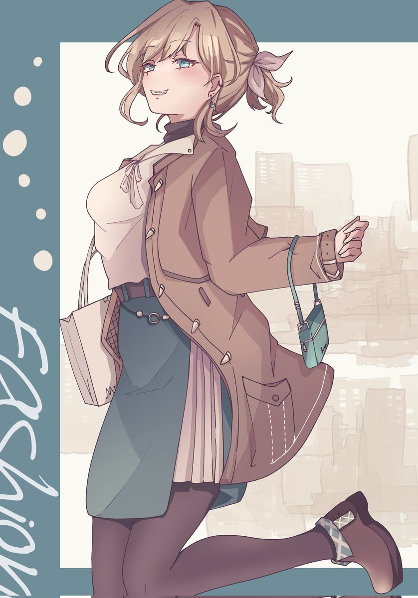 1girl solo pantyhose skirt bag smile coat  illustration images