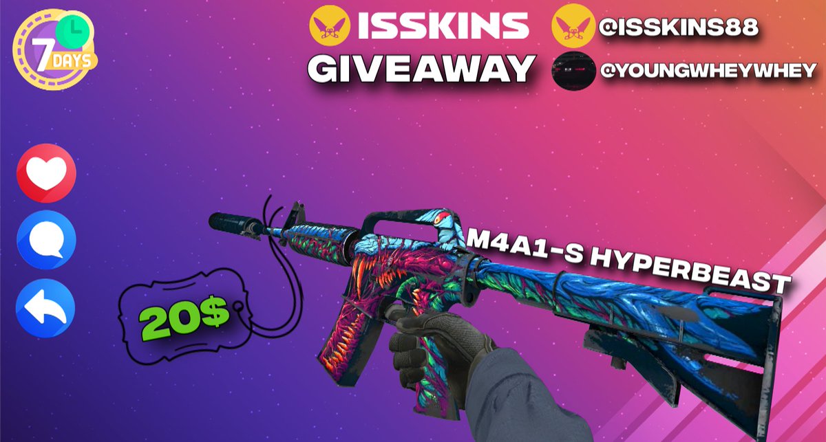 youngwheywhey (@youngwheywhey) on Twitter photo 📢CS2 GIVEAWAY📢
M4A1-S Hyper Beast 20$ 🎁
➡ HOW TO ENTER:
✅Follow me & <a href="/isskins88/">isskins.com</a>
✅Like and Retweet
✅Tag your friend
⏰Giveaway ends in 7 days
🍀Good Luck🍀
#CS2 #CSGOGiveaway #counterstrike2 #csgoskins 📢CS2 GIVEAWAY📢
M4A1-S Hyper Beast 20$ 🎁
➡ HOW TO ENTER:
✅Follow me & <a href="/isskins88/">isskins.com</a>
✅Like and Retweet
✅Tag your friend
⏰Giveaway ends in 7 days
🍀Good Luck🍀
#CS2 #CSGOGiveaway #counterstrike2 #csgoskins
