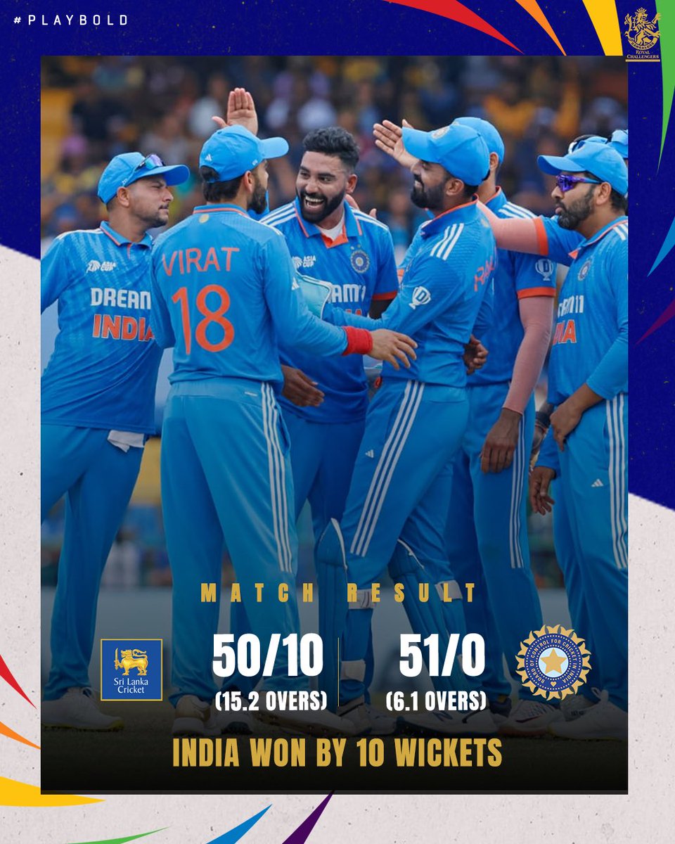AnuragK_10's tweet photo. Amazing victory of Indian team in #AsiaCup23, Mohammed Siraj did amazing bowling due to which Sri Lanka team was all out for 50 runs. India won the AsiaCup for the 8th time. Many congratulations to the entire team.🏏🇮🇳 @imkuldeep18
@mdsirajofficial @imVkohli
#INDvSL #whatamagic https://t.co/eppdfp11YF