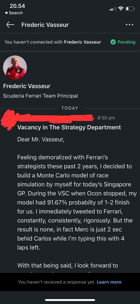 strangga's tweet photo. @MattP1Gallagher @MattP1Tommy @Charles_Leclerc please ask Fred to open his Linkedin. Today’s indecisiveness was unacceptable. My model showed a very high 1-2 finish probability should Charles had stopped under VSC. https://t.co/NFVRdW2dDk