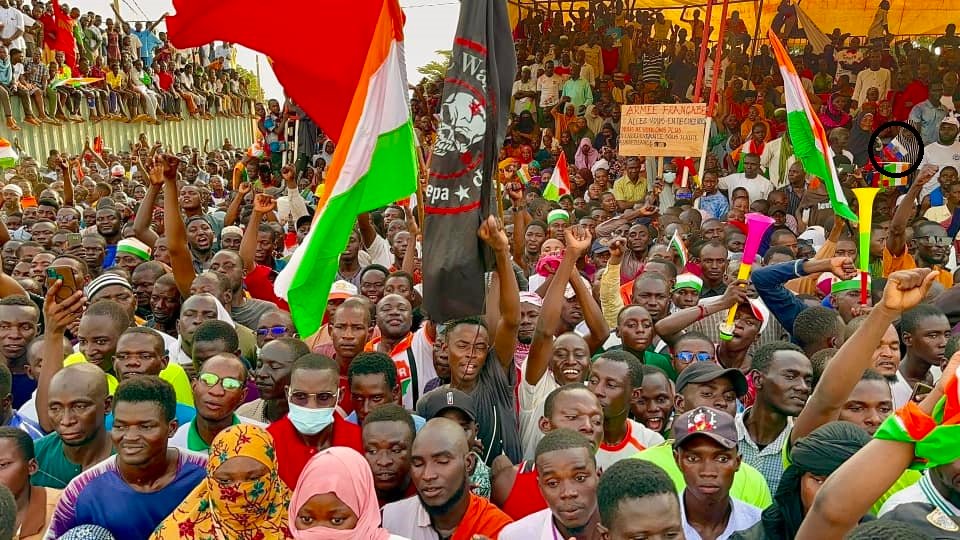 stopwagnergroup's tweet photo. 🚨During yesterday's protest against #France in #Niamey, capital of #Niger, several #Wagner and #Russia flags were spotted. One flag of #China and one of #NorthKorea was also seen. Worrying... https://t.co/jhnkXZNr5a