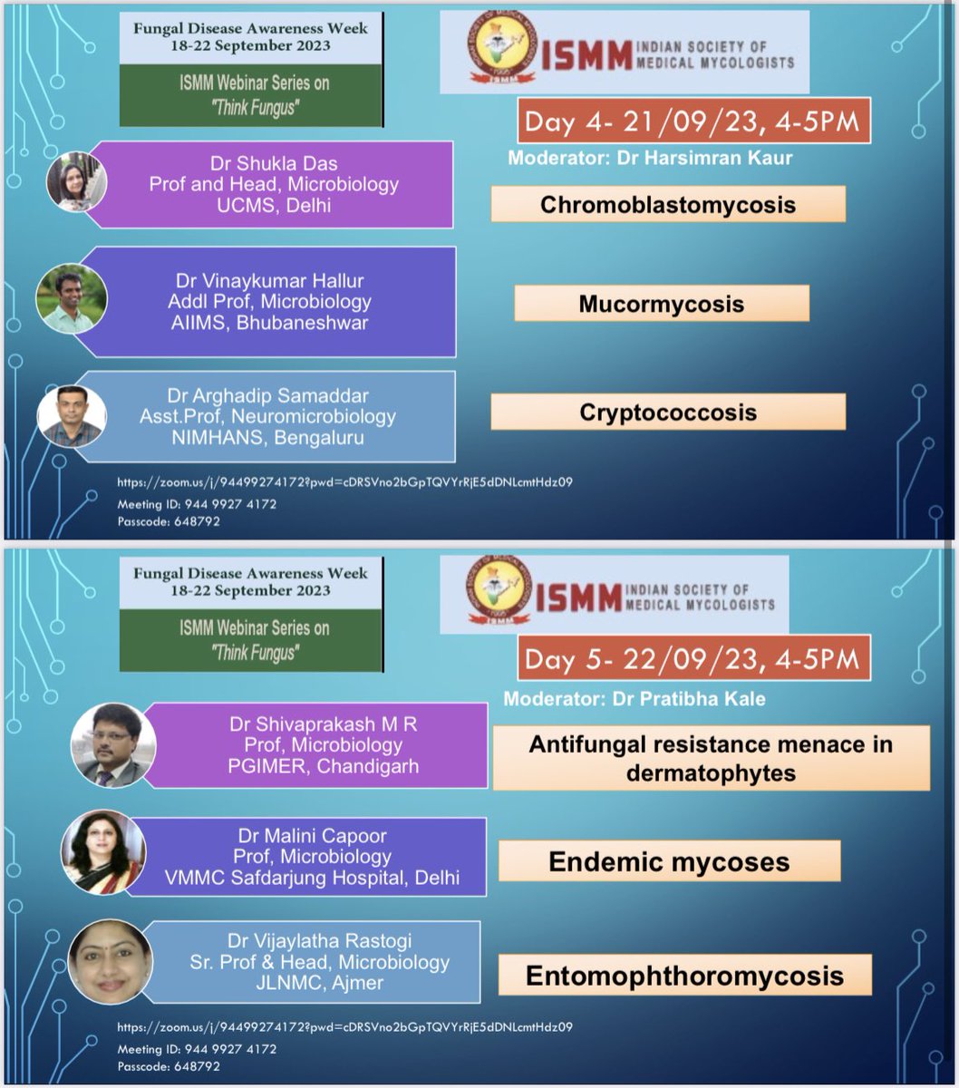 #FungalDiseaseAwarenessWeek 

18-22 September 2023 

Online series of webinars by 

Indian Society of Medical Mycologists

Stay tuned🍄

@AnupGho65277798 @mrshivaprakash @DrVinay118 @thoughtruminant @dr_arghadip @drgagandeepdr