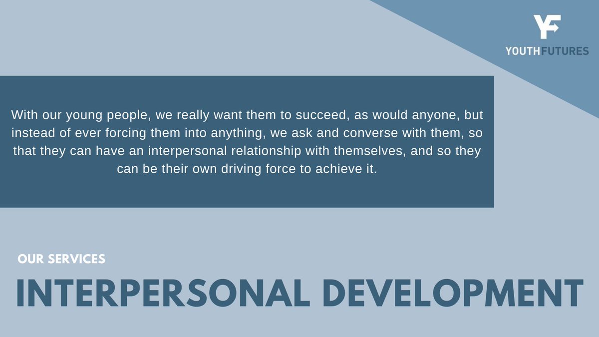 With our young people, we really want them to #succeed, as would anyone, but instead of ever forcing them into anything we ask and converse with them 🗣💭

youthfutures.org.uk

#InterpersonalDevelopment #YouthFutures