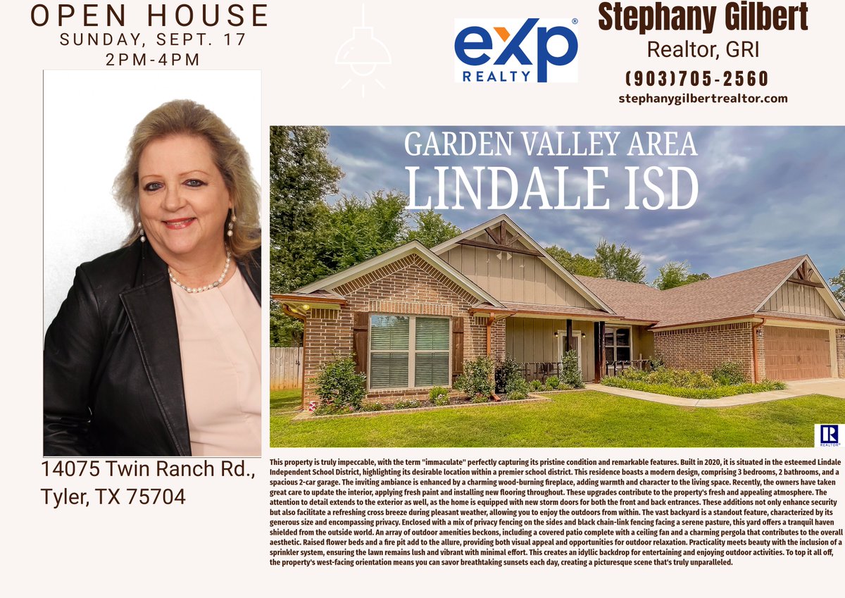 Today's the day to come tour a beautiful home in the Garden Valley area but within the Lindale ISD. We'll be there be there from 2-4pm located at 14075 Twin Ranch Rd., Tyler, TX 75704.  I'd love to see you and glad to help your real estate needs.
