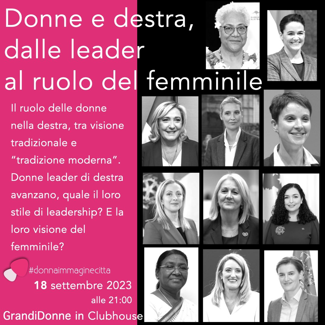 STIAMO ARRIVANDO. 18 settembre inizia il nuovo ciclo di room GrandiDonne. 
La prima la dedichiamo alla visione del femminile nei partiti di #destra.

🔸18 settembre una room corale con ospiti delle community di clubhouse per parlare del:
ruolo delle donne nella destra