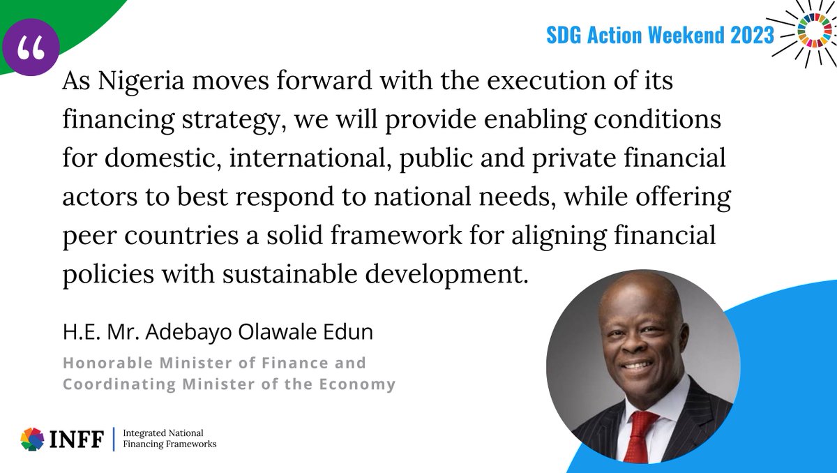 Nigeria🇳🇬was the 1st country globally to launch a national integrated financing strategy.

HE Mr Adebayo Olawale Edun, <a href="/FinMinNigeria/">Federal Ministry of Finance</a>, <a href="/NigeriaGov/">Government of Nigeria</a> shares the key opportunities the strategy has opened &amp; how the govt is leveraging its potential to accelerate SDG progress.