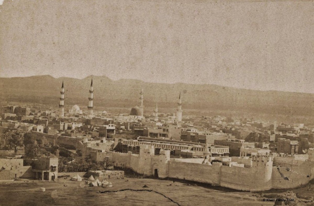Panoramic view of the Holy city of Madinah and Masjid Al-Nabawi, 1297 Hijri, captured during the reign of Sultan Abdul Hamid ll by Egyptian photographer Muhammad Sadiq Bey. 

He was the first person ever to photograph the Holy cities of Makkah and Madinah, as well as the Hajj.