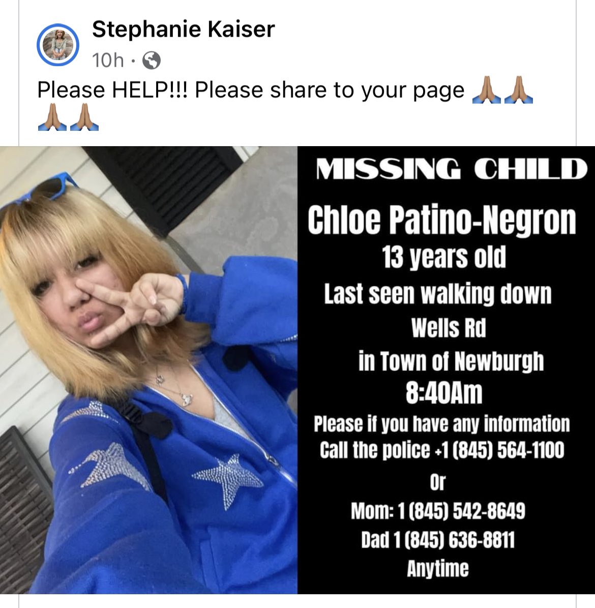 My colleagues daughter is missing. Last seen in town of Newburgh. Please share.