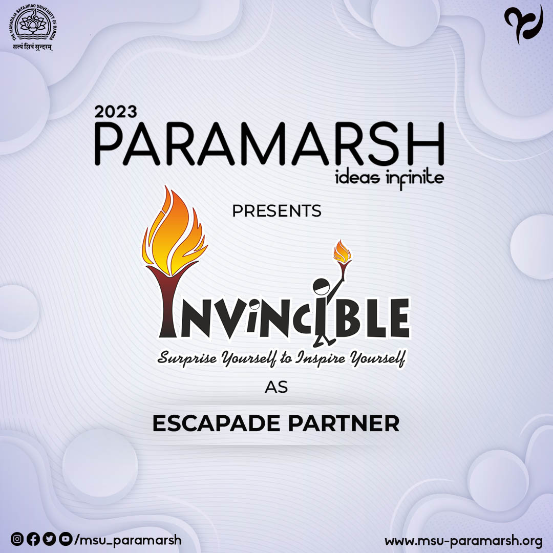 MSU_Paramarsh's tweet photo. Paramarsh heartily thanks,
Invincible : Escapade Partner
For being an integral part of Paramarsh.

#EscapadePartner
#Paramarsh23
#IdeasInfinite https://t.co/BDyvoTxqYQ