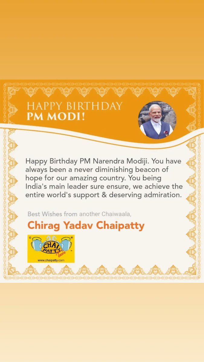Chiragyad's tweet photo. Happy 73rd Birthday PM @narendramodi Sirji u have always been an undiminishing beacon of hope for our country &amp; being India's PM, u ensured we get the entire world's support &amp; admiration. Blessed to have u as our PM. Live long Sir🎂☕🙏😊
- From another Chaiwaala #HappyBdayModiJi https://t.co/MGuGUiUSdl