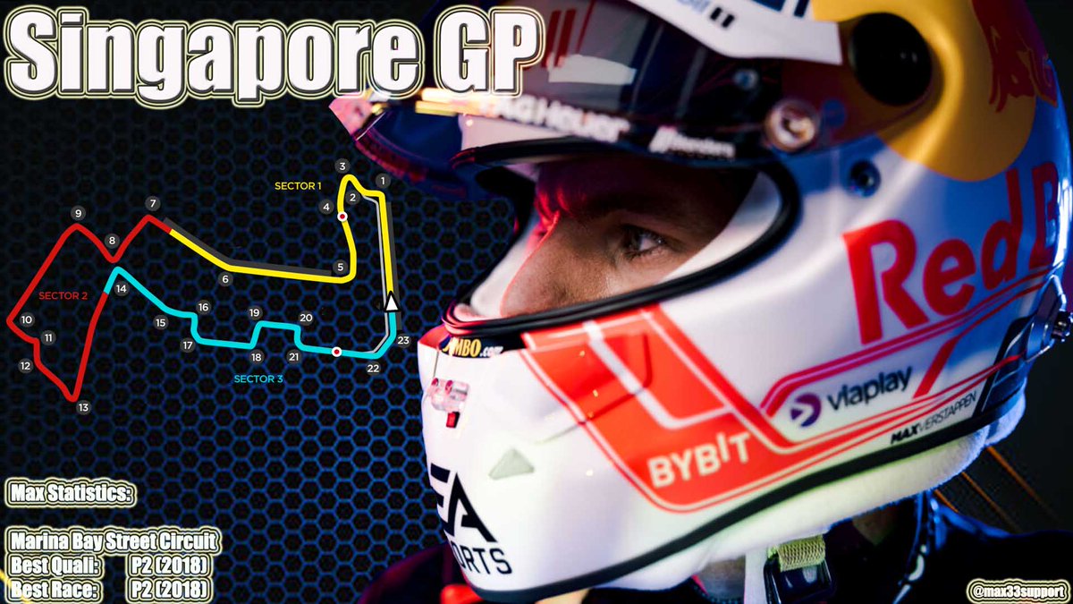 max33support's tweet photo. Max Verstappen komt vanmiddag voor de 7e keer in zijn Formule 1 carrière in actie op het Marina Bay Street Circuit #SingaporeGP #F1
Max stond nog maar 2 keer op het podium in Singapore, hij finishte de race als tweede in 2018 en als derde in 2019 #MaxStatistics https://t.co/zp03UtocHl