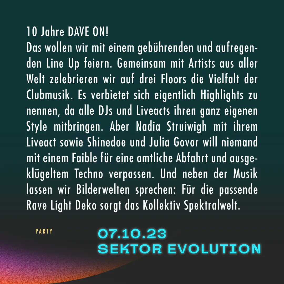 davefestival's tweet photo. DAVE ON! * 07.10. @‌sektor_evolution 
23:00 - 14:00

EINTRITT 
15,- EUR 
Abendkasse 

#on #davefestival #audiovisual #festival #dresden https://t.co/g9Mfkitpou