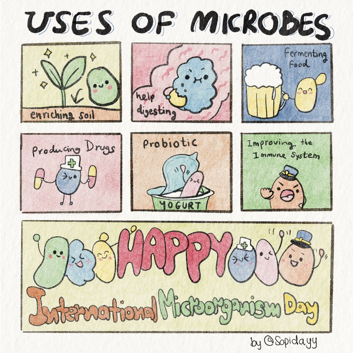 We're excited to unveil the winner of the #MicrobeArt2023 Best Cartoon! 🥁 Congratulations Sopida Wongwas (@sopidayy)! 👏👏 Your cartoon appreciating microbes' incredible diversity and their vital functions was superb! #InternationalMicroorganismDay @IntMicroDay