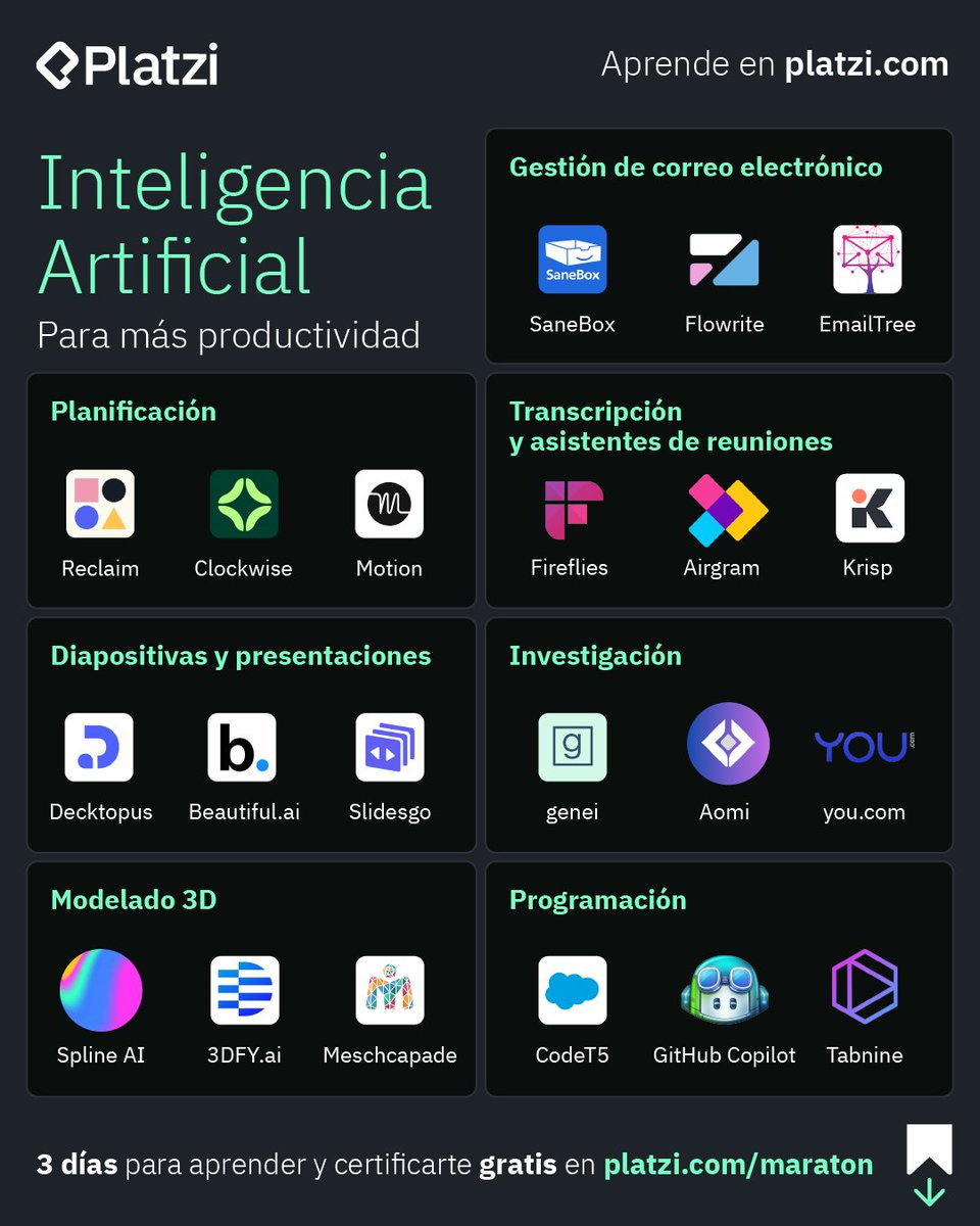 platzi's tweet photo. Guarda estas herramientas de IA que te ayudan en tus tareas diarias, y sigue aprendiendo GRATIS sobre fundamentos, carreras y tecnologías que permiten crear más como esas en: https://t.co/28R9KQhyaB https://t.co/p7CwMesLdX