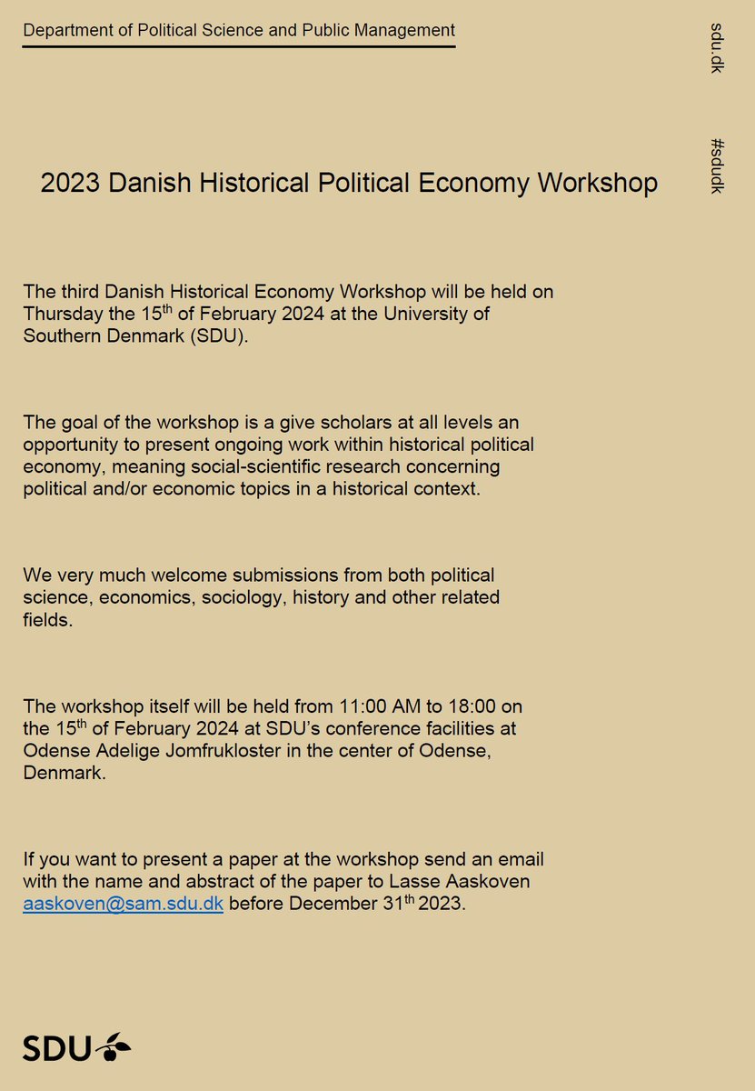 Lasse Aaskoven from the University of Southern Denmark is organizing the annual 'Danish Historical Political Economy Workshop' again in 2024. The workshop will be on Feb. 15th, 2024. I attended last year & the comments were super helpful. Send proposals to: aaskoven@sam.sdu.dk
