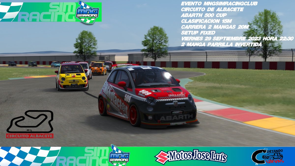 Buenos días pilotos!
Ya tenemos la segunda cita de la Abarth 500 Cup, circuito de Albacete el 29 de septiembre!
Nos vemos en pista!!  🤙🤙