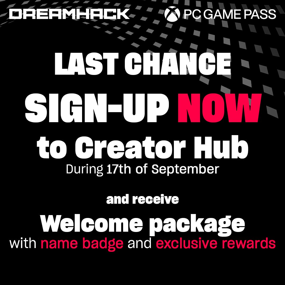 - Creators -
Today is the last day to sign up to Creator Hub for the Early Incentive program with rewards like your name on the badge and an exclusive welcome package.

Read more and sign up at the DreamHack Winters webpage!
#influencertips #creator #contentcreator