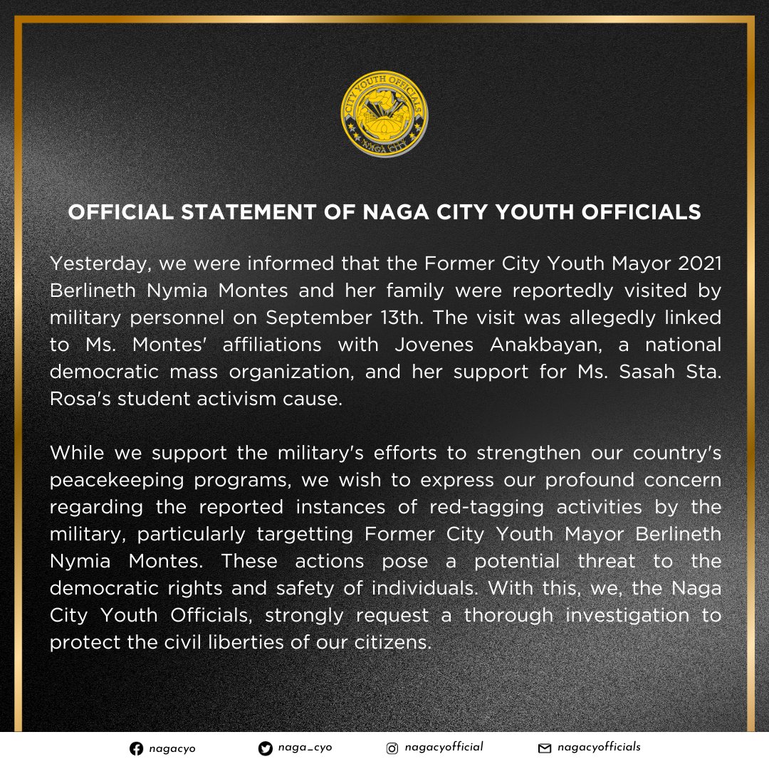 naga_cyo's tweet photo. 𝗢𝗙𝗙𝗜𝗖𝗜𝗔𝗟 𝗦𝗧𝗔𝗧𝗘𝗠𝗘𝗡𝗧 𝗢𝗙 𝗡𝗔𝗚𝗔 𝗖𝗜𝗧𝗬 𝗬𝗢𝗨𝗧𝗛 𝗢𝗙𝗙𝗜𝗖𝗜𝗔𝗟𝗦

Yesterday, we were informed that the Former City Youth Mayor 2021 Berlineth Nymia Montes and her family were reportedly visited by military personnel on September 13th. 

(1/5) https://t.co/OSclqx9CT6