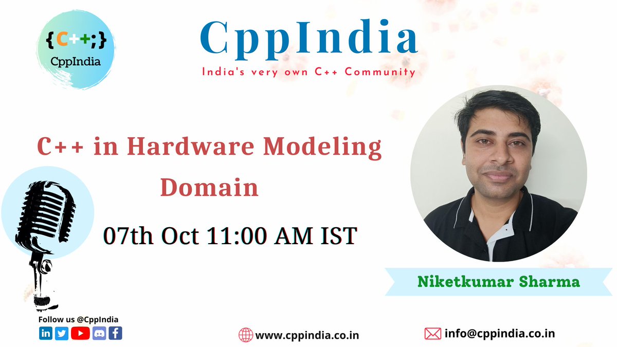 CppIndiaUG's tweet image. Block your calendar📆 to learn how C++ is used in the Hardware Modeling Domain with Niketkumar Sharma.

🎙️Niket is a Platform Architect at @intel and working in the #software industry for almost a decade.
Follow CppIndia to learn exciting things in C++.
#cppindia #programming