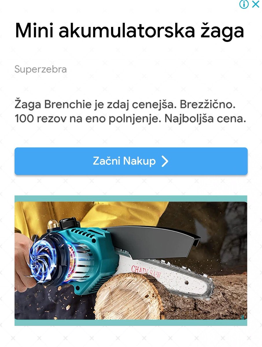 jdamijan's tweet photo. Pa naj kdo reče, da striček Google ne prisluškuje našim pogovorom. Prej sva s svakom nekaj delala na parceli in vmes omenila, kako dobra je akumulatorska motorna žaga, ki jo ima. In Voila, ko čez 1 uro pogledam na telefon, me že čaka ta reklama. https://t.co/KhjgNPOXGs
