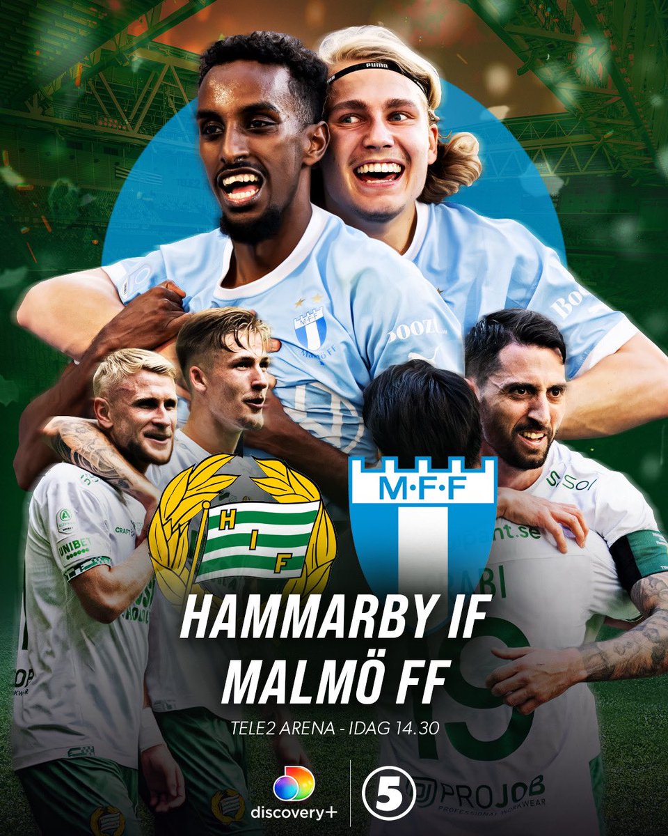 Hammarby IF 🆚 Malmö FF ——— ⏰ 14.30 på Kanal 5 och discovery+ 🗣️ Karin Frick, Alexander Axén och Pär Hansson 🎙️ Tommy Åström och Johan Arneng 🎤 Diljen Otlu