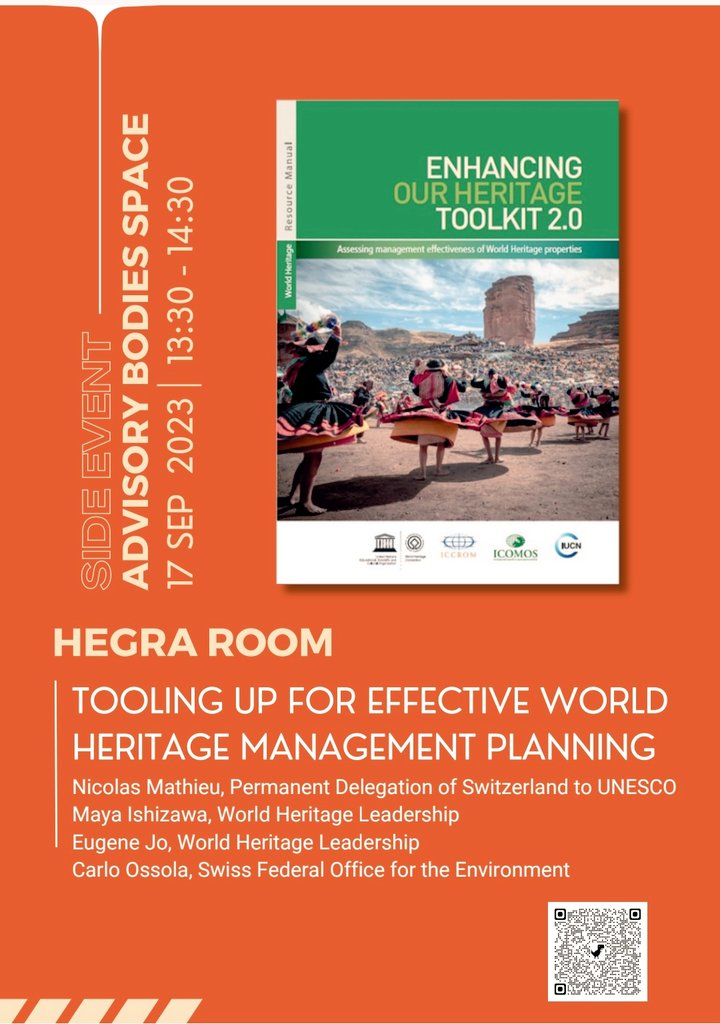 Join us in the Hegra Room at #whc45com for our side event about #WorldHeritage management effectiveness assessment and management planning - today we present the forthcoming Enhancing Our Heritage Toolkit 2.0 @foenCH <a href="/ICCROM/">ICCROM</a> <a href="/IUCN/">IUCN</a> <a href="/UNESCO/">UNESCO 🏛️ #Education #Sciences #Culture 🇺🇳</a> <a href="/ICOMOS/">ICOMOS</a>