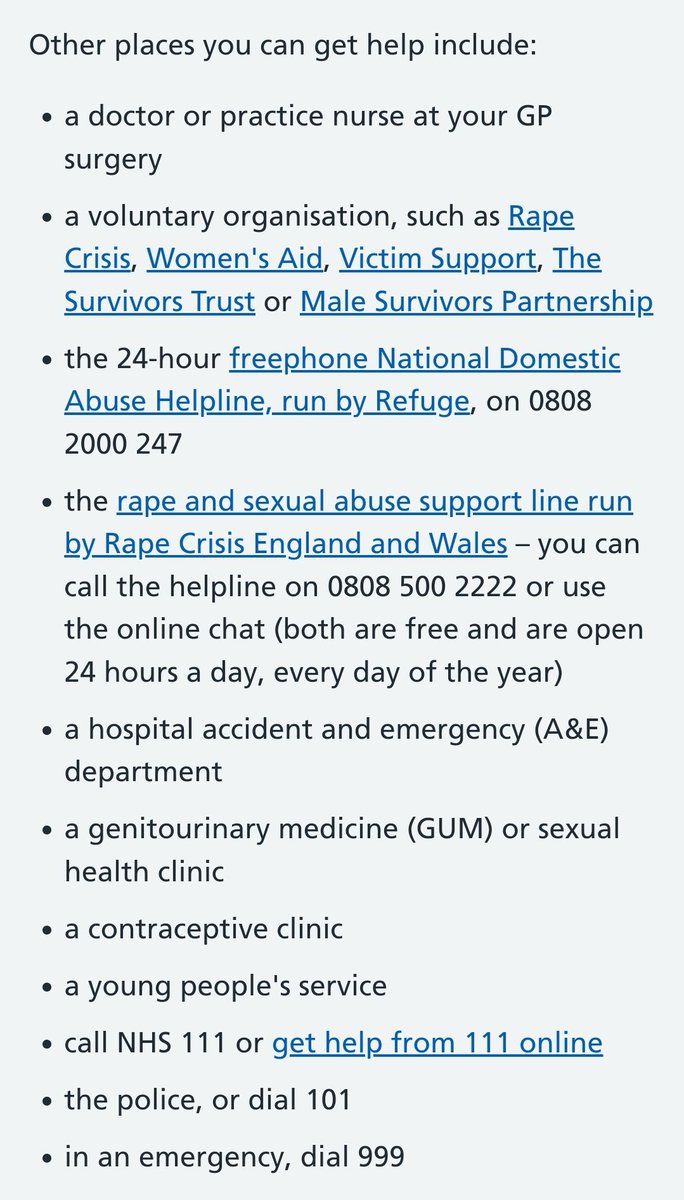 Further help if you need it today. I'm off Twitter for now. I can't read any more rape apologists, 'innocent until proven guilty', 'why didn't they report to police' etc etc. It hurts.