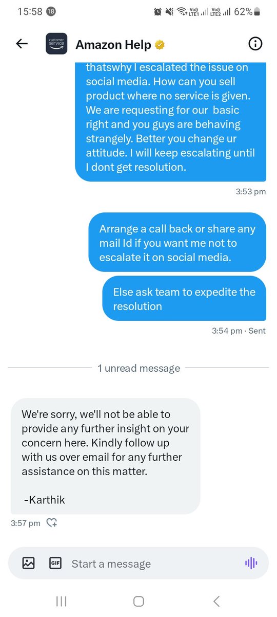 Ritsi82's tweet photo. @AmitAgarwal @AmazonHelp @AmazonHelp @JeffBezos No one is helping. I am just asking for simple request.. service for an article bought from Amazon and instead of getting any solution, I am only getting assurnaces. I was assured for article return but executive misbehaved. https://t.co/Nusil2UbJG
