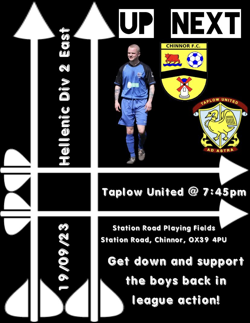 ⏭️ UP NEXT We are back in league action on Tuesday. We are playing @TaplowUnitedFC at home. 7:45pm kick off. Boys are looking forward to getting back to league action and fighting for some important 3 points. Get down and support to boys! #UpTheChin 🔵🟡⚫️