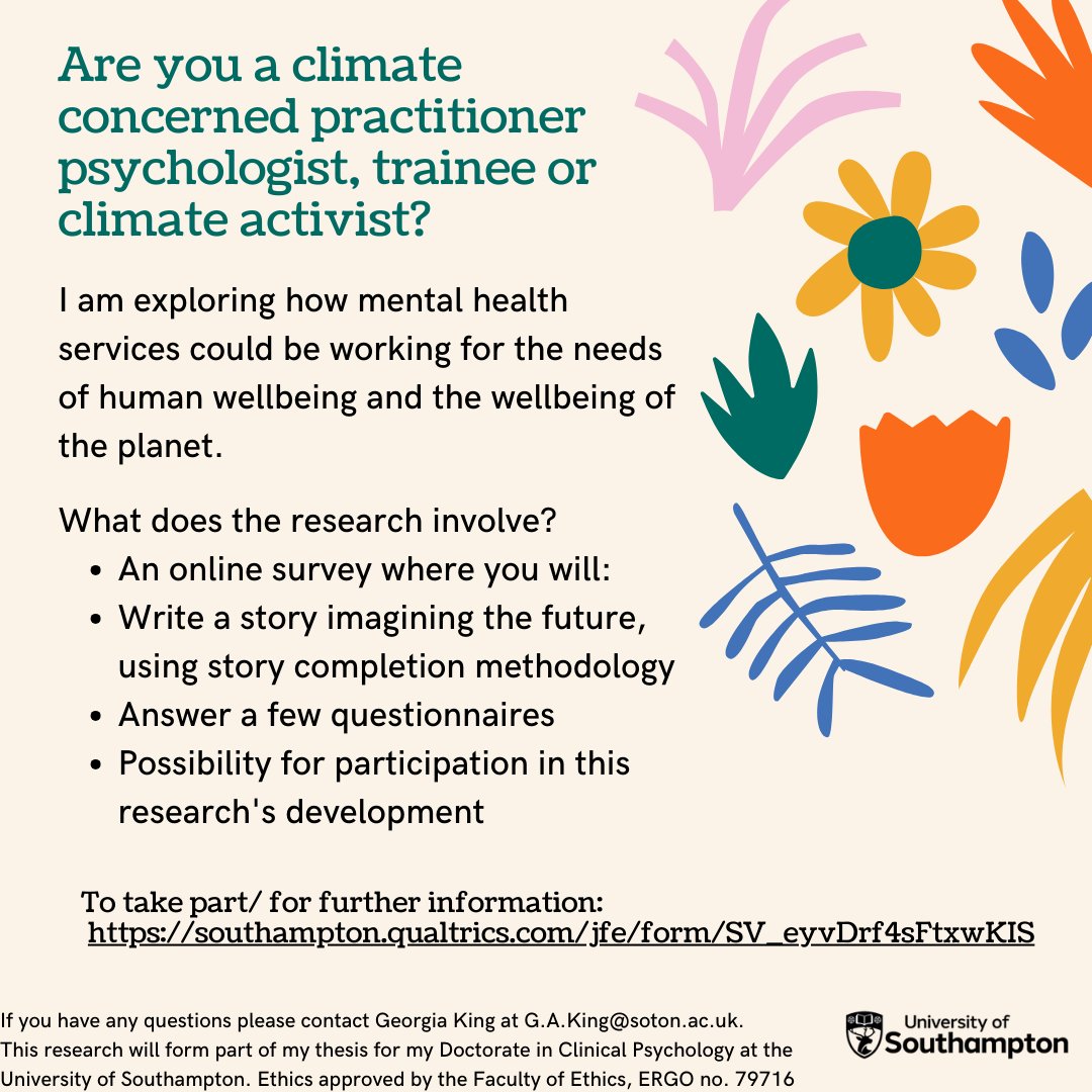 Are you a climate concerned psychologist? Or a climate activist concerned about mental health? I need you for online creative research imagining mental health services which work for people & planet! Please take part & RT 🙏 southampton.qualtrics.com/jfe/form/SV_ey… @XRPsychologists @ACP_UKCAN