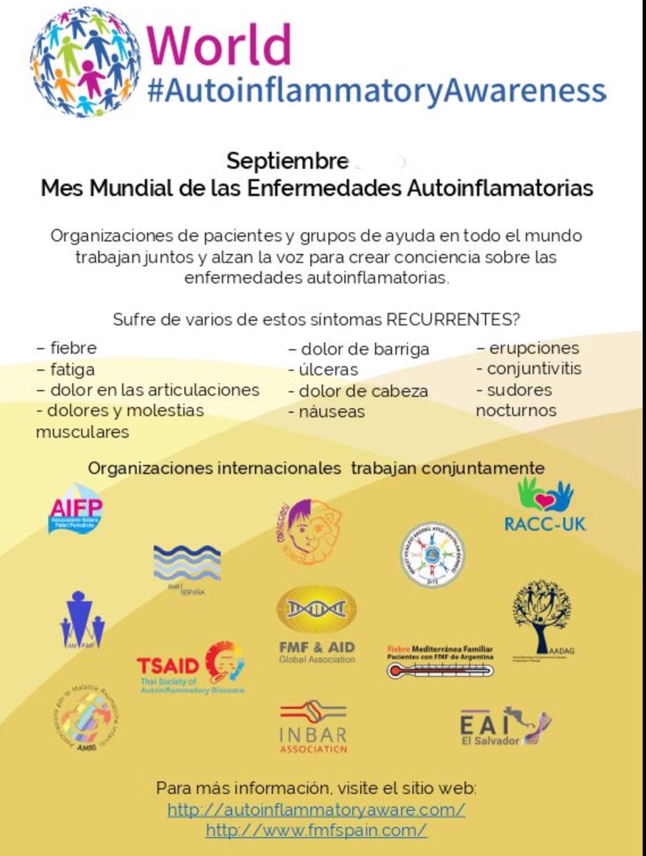 NoInvisibles's tweet photo. Septiembre: Mes internacional de las enfermedades autoinflamatorias
#AutoinflammatoryAwarenessMonth
Y entre ellas la Fiebre Mediterránea Familiar #FMF cuyo #FMFDay es hoy, encontrareis contacto 🇪🇸en @FMFSPAIN y @STOP_FMF
Investigar‼️
Info👇@PacientSemergen
https://t.co/psR2wztH9X https://t.co/n0ksviV9Yn