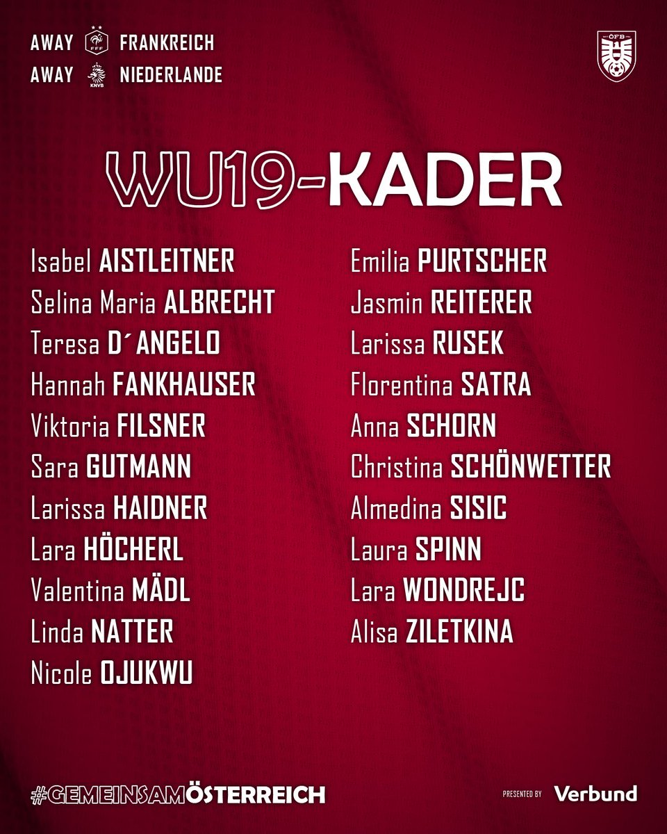 oefb1904's tweet photo. Zwei 𝐓𝐞𝐬𝐭𝐬𝐩𝐢𝐞𝐥𝐤𝐫𝐚𝐜𝐡𝐞𝐫 für unsere #U19 Mädels💥
Mit diesem Aufgebot reist die Elf von Teamchef Hannes #Spilka am Mittwoch in die Niederlande 🛫
Alles zum Kader & Lehrgang ℹ️ https://t.co/mhKdyzYk5M
#GemeinsamÖSTERREICH https://t.co/qUMm7HxCGQ
