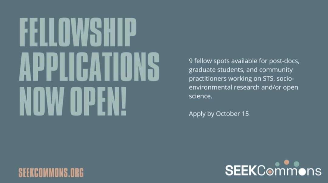mda524360's tweet image. Applications are now open for the SEEKCommons #fellowshipprogram!
Application Deadline: 15 October, 2023.
The Socio-Environmental Knowledge Commons (SEEKCommons) project is dedicated to building pathways for horizontal collaborations across Science and Technology Studies (STS),