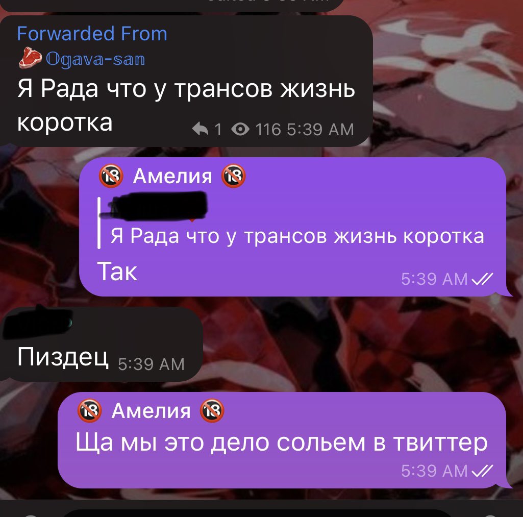 AmeliaSmith201's tweet photo. Good fucking morning if you needed more proof that Sasha Ogava is  transphobic:

The screens from my telegram channel in Russian, somebody forwarded something @kak_ti_zaebal said to a transperson.

Я Рада что у трансов жизнь коротка means “I’m glad trans people have short lives” https://t.co/bnRpVtxjcr