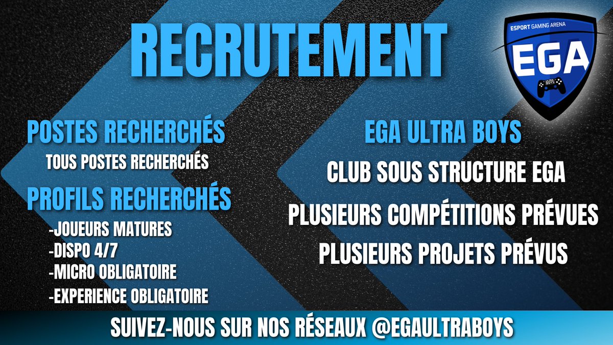 L'équipe <a href="/EGAUltraBoys/">Esport Gaming Arena Ultra Boys</a> , continue toujours son recrutement de joueur, sachant que nous recherchons actuellement tous postes.

Ce soir nous avons un tournoi de prévu et je vais mettre en-dessous le lien du discord officiel. 👇 

discord.gg/hTuqR7tF