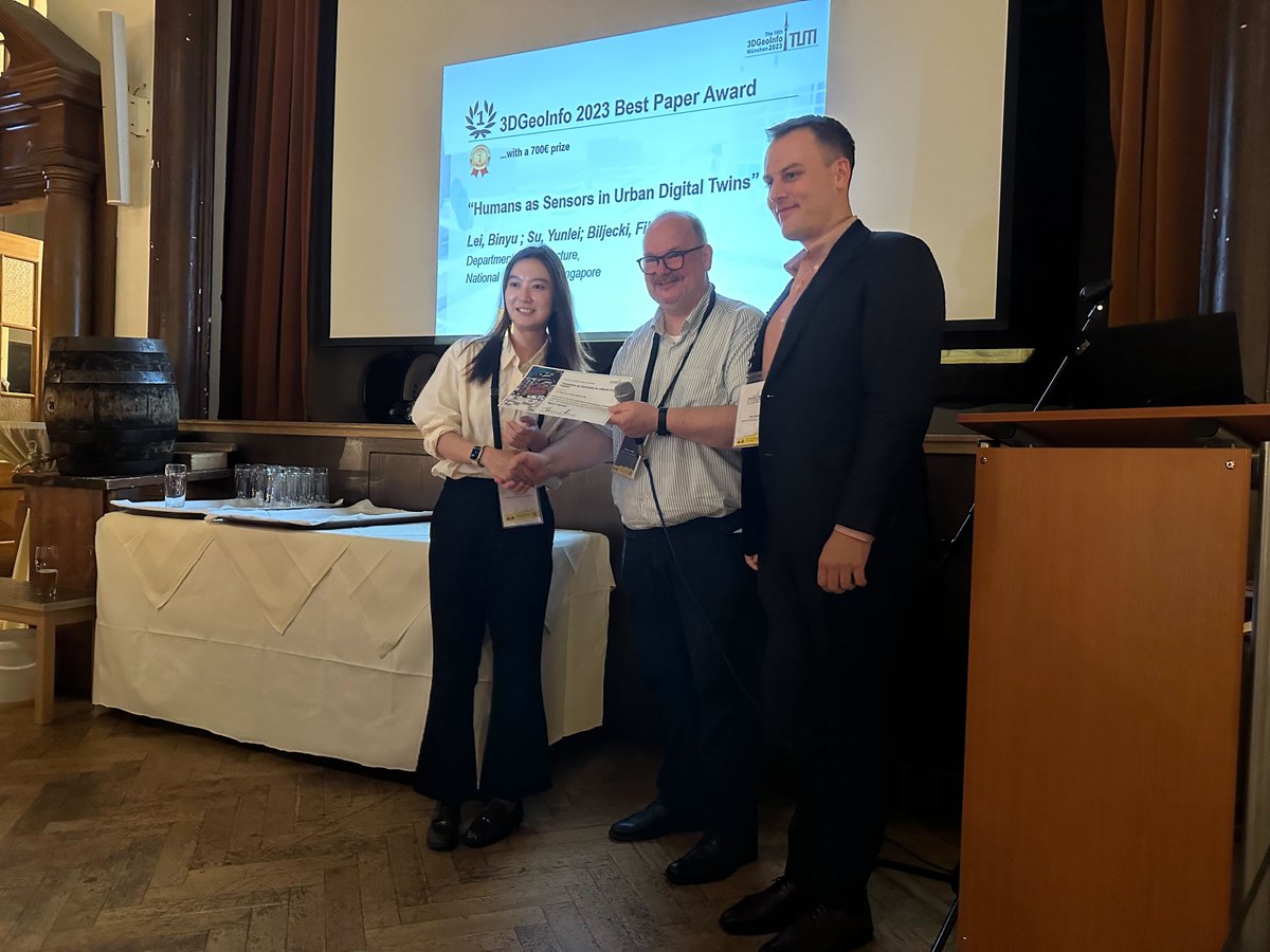 fbiljecki's tweet photo. It was a great honour to give a keynote at #3dgeoinfo2023 at TU Munich 🇩🇪 &amp; receive the best paper award for our work led by @BinyuLei @urbanalyticslab 🏆. Many thanks to @TUMgis for the splendid organisation! I hope to see everyone again in Vigo 🇪🇸 in July 2024 for the next one! https://t.co/d99LIA4o8s