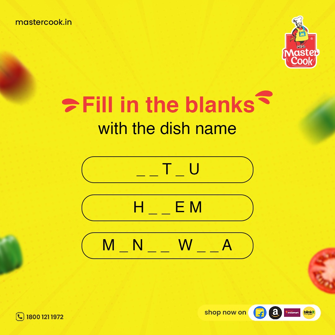 Mastercook_in's tweet photo. Fill in the Blanks with the required dish name

The wise one will receive a cash prize of Rs 200/-

Hurry up and Comment Now!!!!

#GuessTheDish #IntuitionChallenge #ExcitingReveal https://t.co/ILSu2lWPiX