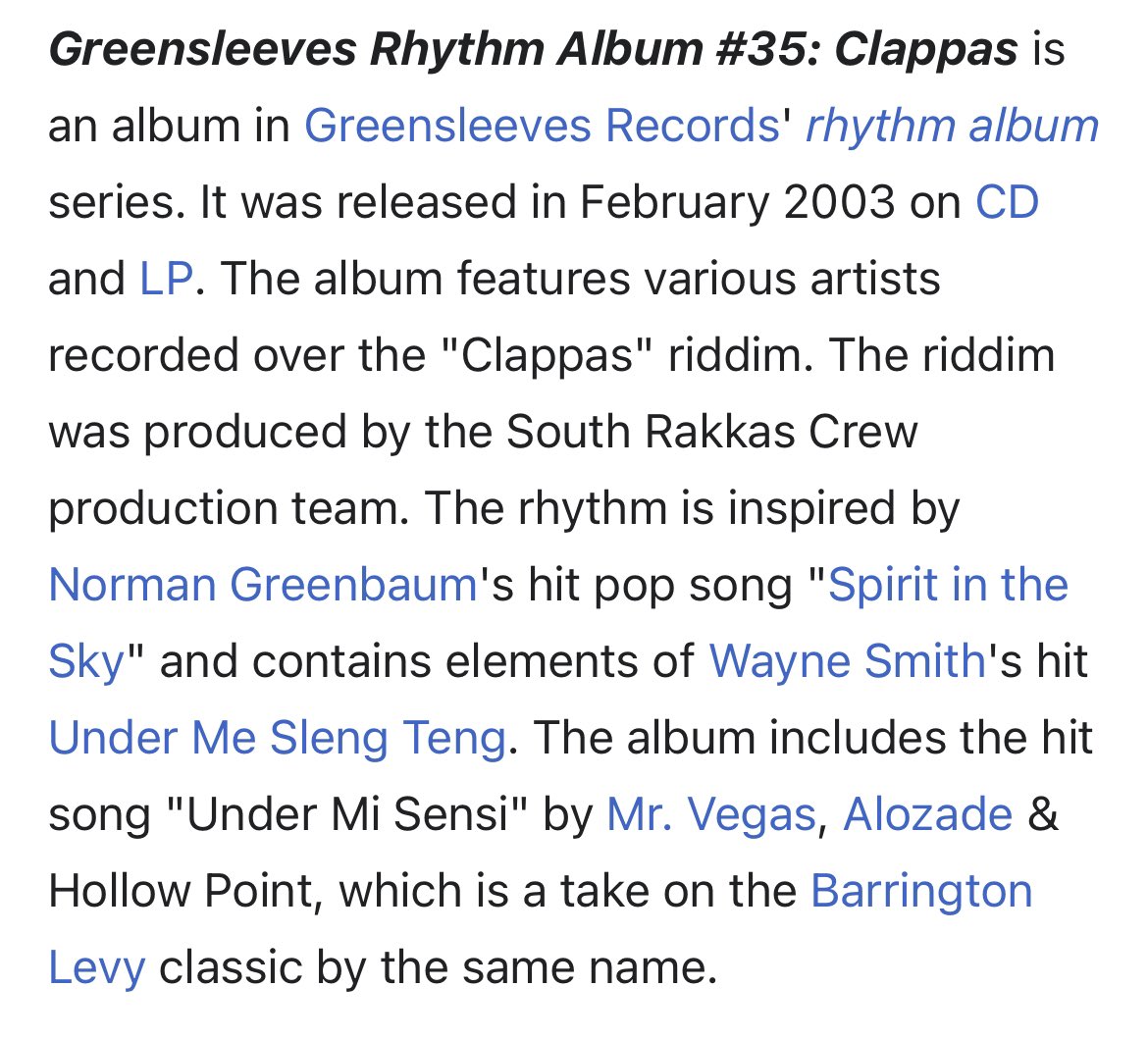 @editaurus @EiderdownSounds @Andr6wMale @JSpacewoman @andyzax @cushac @avantghettonyc @jazyjef @AtBestIsKorny @bourgwick This also sent me down a rabbit hole on the “Clappas Riddim” which I have no idea was based on Spirit In The Sky