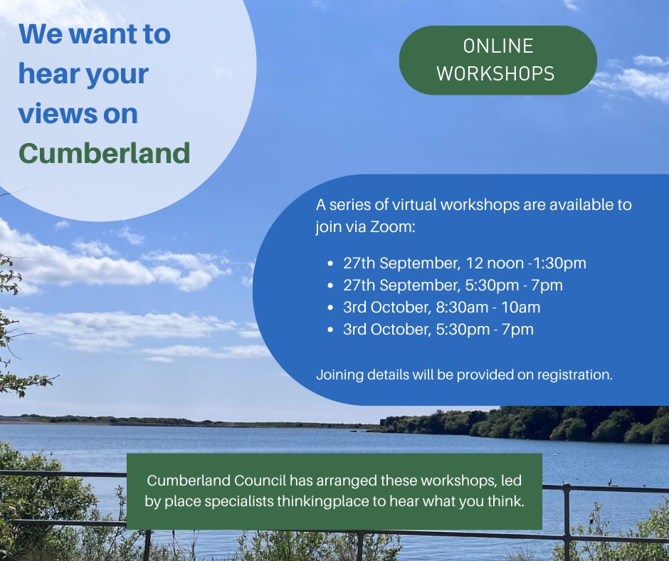 CumbriaUni's tweet photo. 📢 @CumberlandCoun wants to hear from YOU! What makes you proud about the area and how would you like it to develop in the future?

Four online workshops with @thinking_place will gather views to create a long-term, shared story.

BOOK: https://t.co/FSMPyDeeE6 #haveyoursay https://t.co/01cEwnQDWH