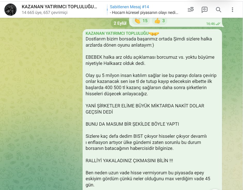#ebebk 

Sizlere #Halkaarz da dönen oyunları anlatmıştım Ve yakında Halka arzlar Tavan bozacak demiştim,

Ebebek bozdu biz katılmadık😜

Fatihin ekibi kayıp edenlerden olmayacak !!

#SANKO Zaten ortada🤌

Sizde Piyasanın bir adım önünde olmak isterseniz 👇t.me/yatirimci_topl…