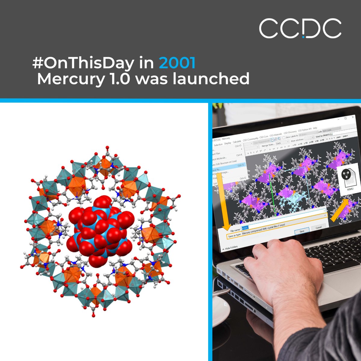 ccdc_cambridge's tweet photo. #OnThisDay in 2001 Mercury 1.0 was launched. It's our crystal structure visualization, exploration &amp; analysis software. Thousands of researchers in #crystallography use it to generate high-definition, customized images, animations &amp; 3D models of molecules. https://t.co/0tS9W5ihPp https://t.co/UZ8uGUm2x6