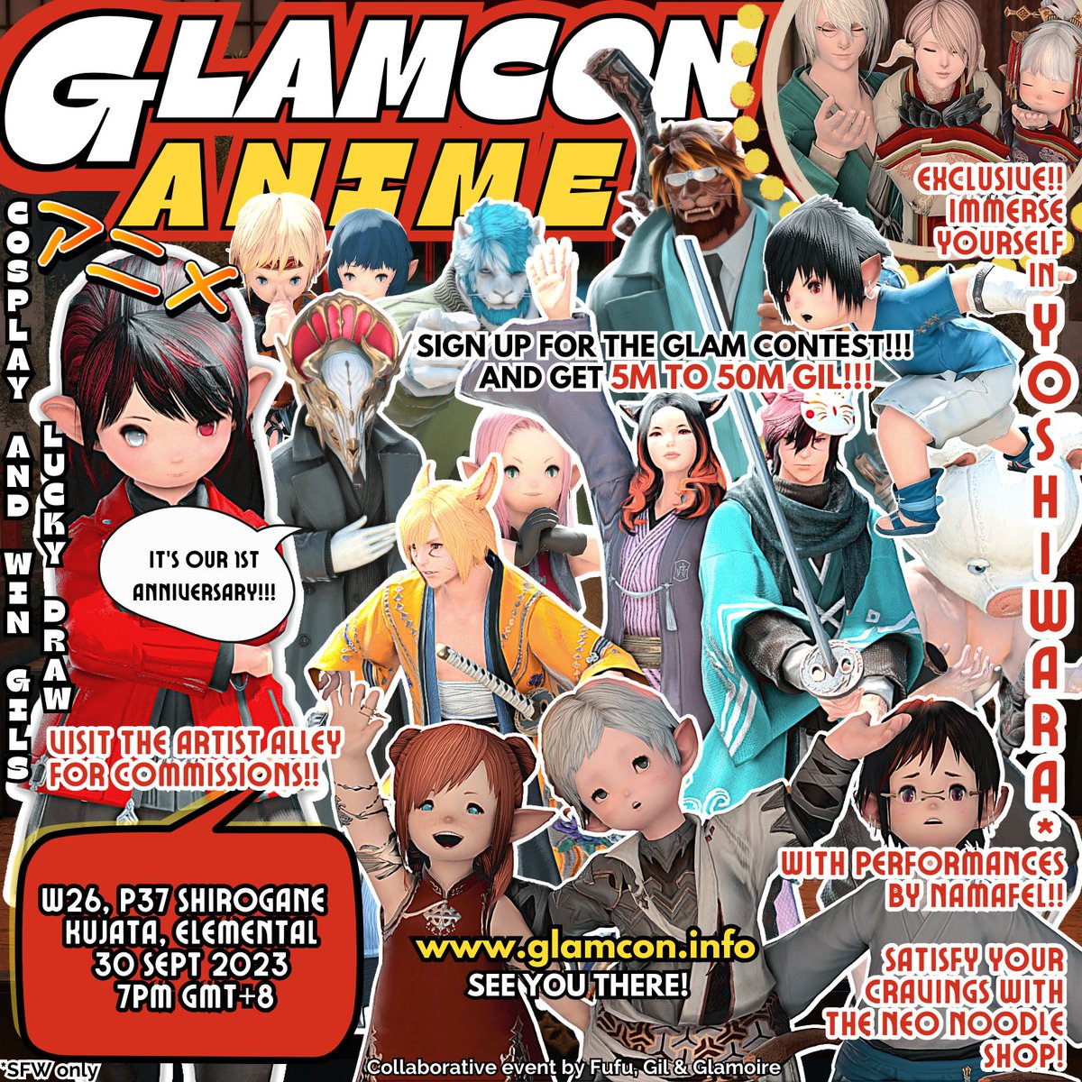 🌟 Calling all adventurers of Eorzea! 🌟

✨ Get ready to step into the world of glamour like never before at Glamcon Anime in #FFXIV! ✨

🎭 Dive into immersive Yoshiwara RP experiences 
🎤 Enjoy thrilling performances 
🎨 Explore the Artist Alley 
🎁 Win fabulous giveaways 
💃