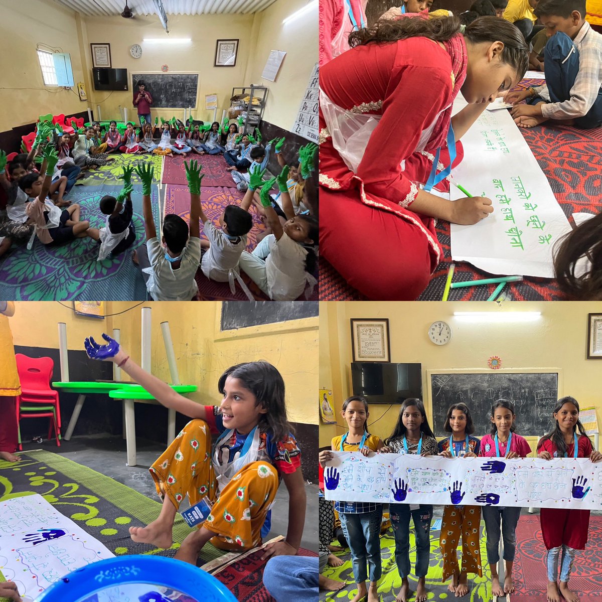 Day 4 @ Priyanka Camp 🇮🇳

The #HygieneManagers became scientists and used green paint to see the difference between washing our hands for 5 and 20 seconds 🟢

Colourful murals were created with slogans to spread the word about the importance of hand washing in their community! 💧