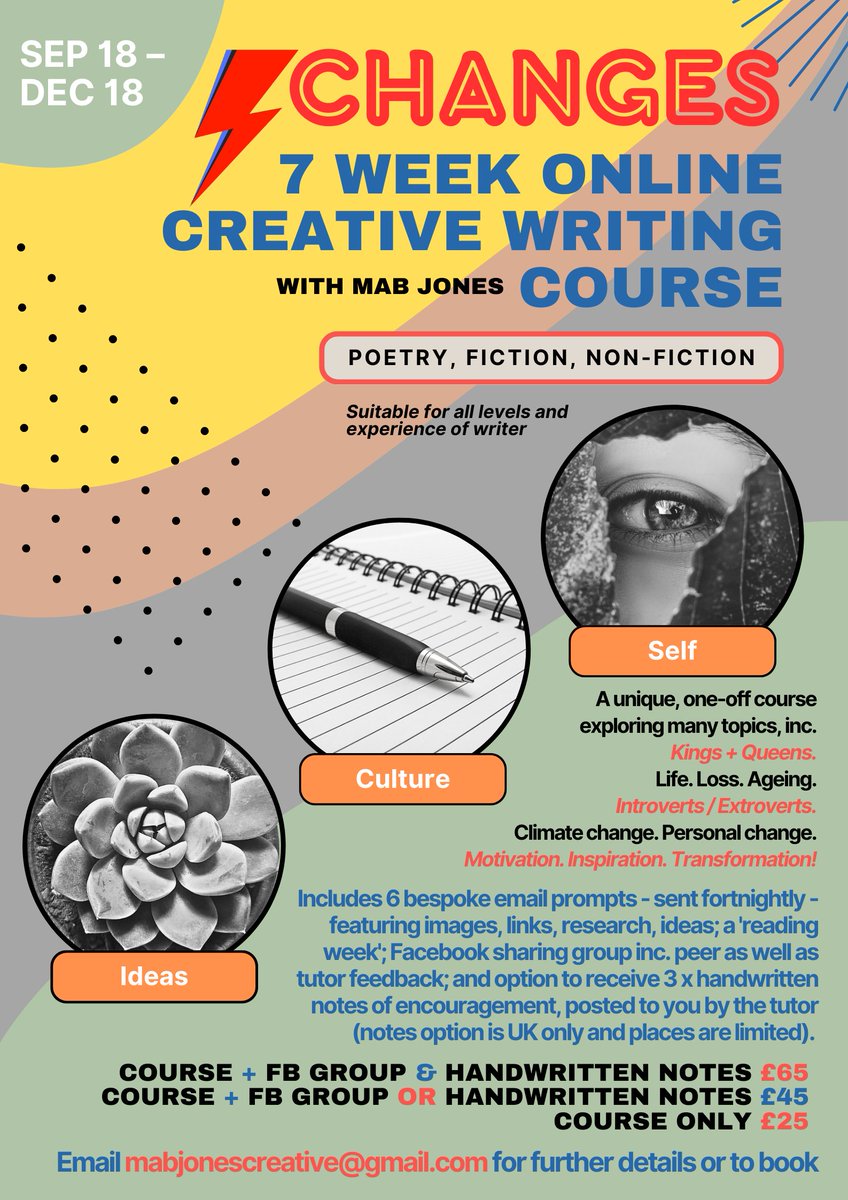 ⚡️ CHANGES begins tomorrow!

Our first installment includes: David Bowie, music and poems, a 'change curve', mind mapping, imagining characters, using our 'seven senses', and more!

See t.ly/K1DfR or drop me a line if you have any Qs. We begin – imminently!!

✒️✨