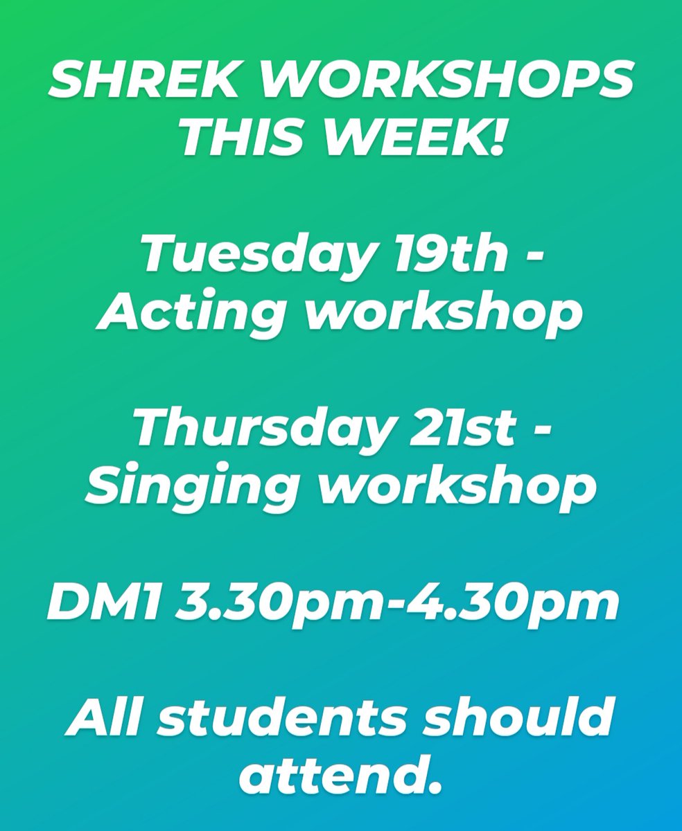 HolyroodDrama's tweet photo. Our Shrek workshops start this week and all those wanting to be part of #teamshrek should attend. If you couldn't make the info event last week, don't panic! Rock up to these and we will get you up to speed! #teamholyrood https://t.co/kbIT5qaKlt